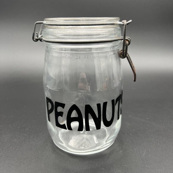 VTG Peanuts Glass Canister Jar France Bale Lid Black 1L 70s Triomphe? - Picture 1 of 16